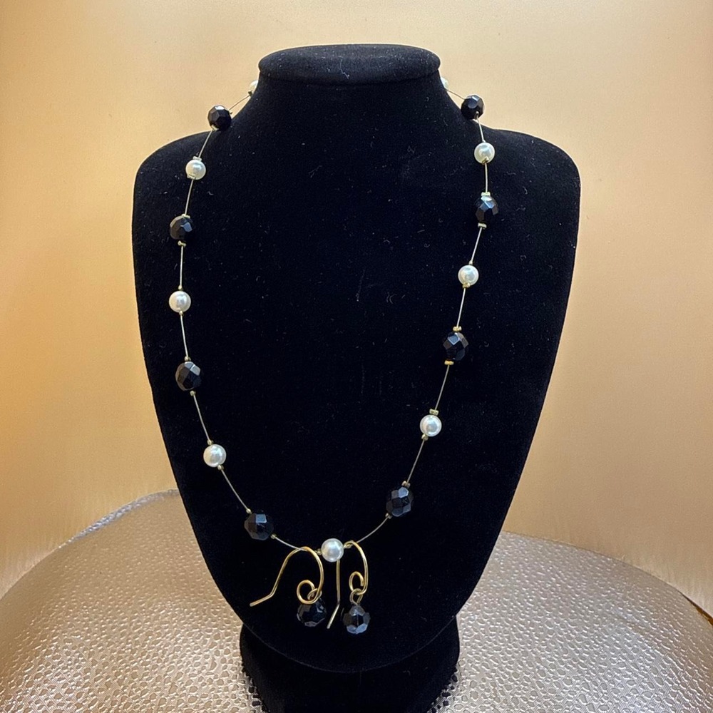 Boho Black White Beaded Necklace and Earring Set Gold Accents Festival Jewelry